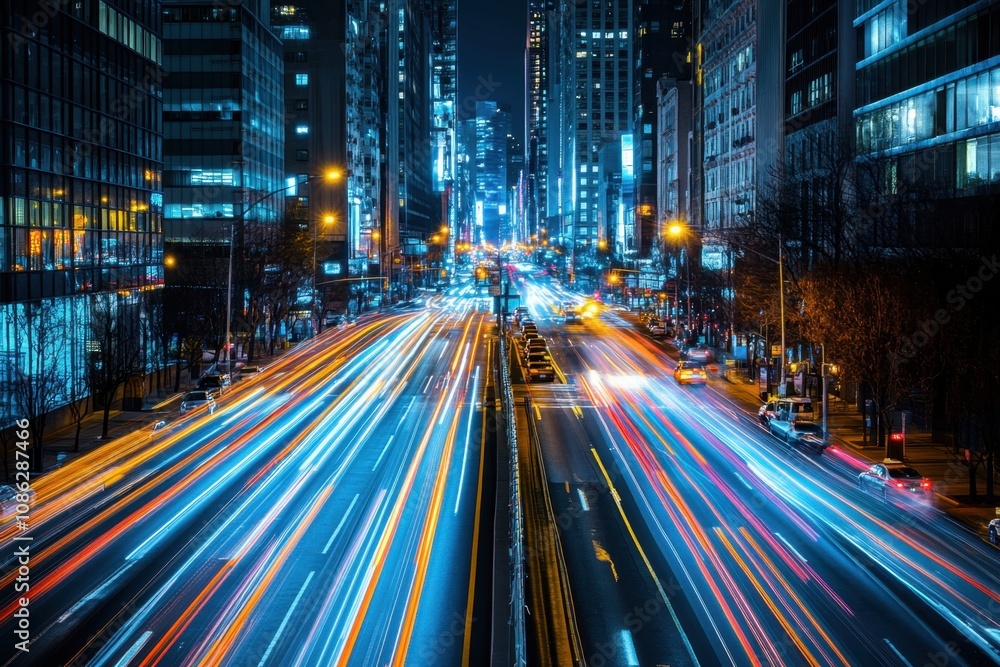 Obraz premium City street at night with blurred lights.