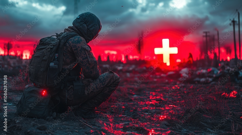 Soldier in a desolate landscape, illuminated by a glowing cross. Soldier in a desolate landscape, illuminated by a glowing cross.