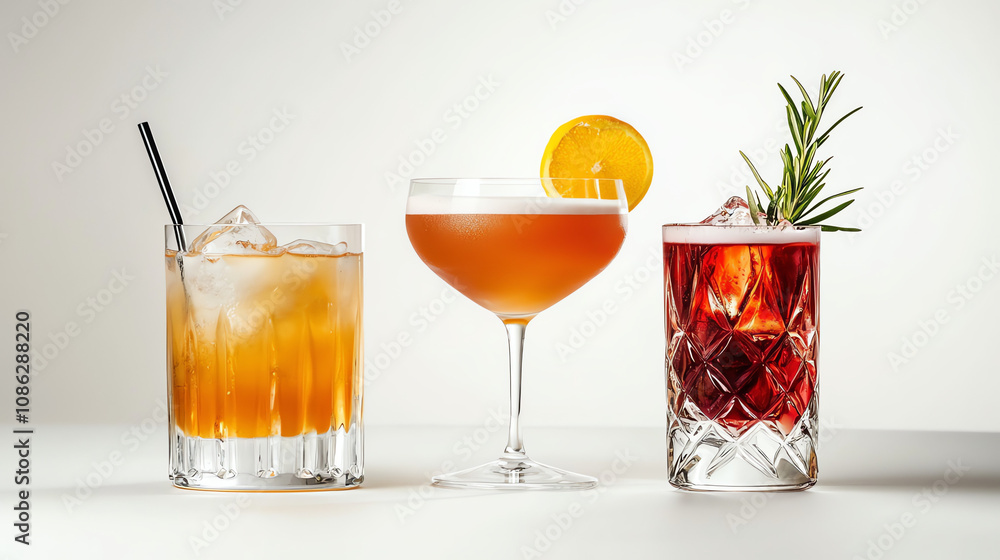 Exploring a variety of vibrant cocktail drinks displayed on a clean white surface with garnishes and ice in a modern setting Exploring a variety of vibrant cocktail drinks displayed on a clean white surface with garnishes and ice in a modern setting