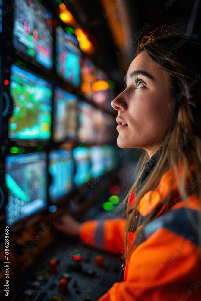 Woman in high-visibility jacket monitors complex machinery data in industrial setting Woman in high-visibility jacket monitors complex machinery data in industrial setting