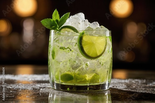 A glass of Brazilian caipirinha with lime slices and crushed ice photo