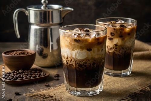 A Vietnamese iced coffee in a glass with layers of condensed milk and dark coffee.