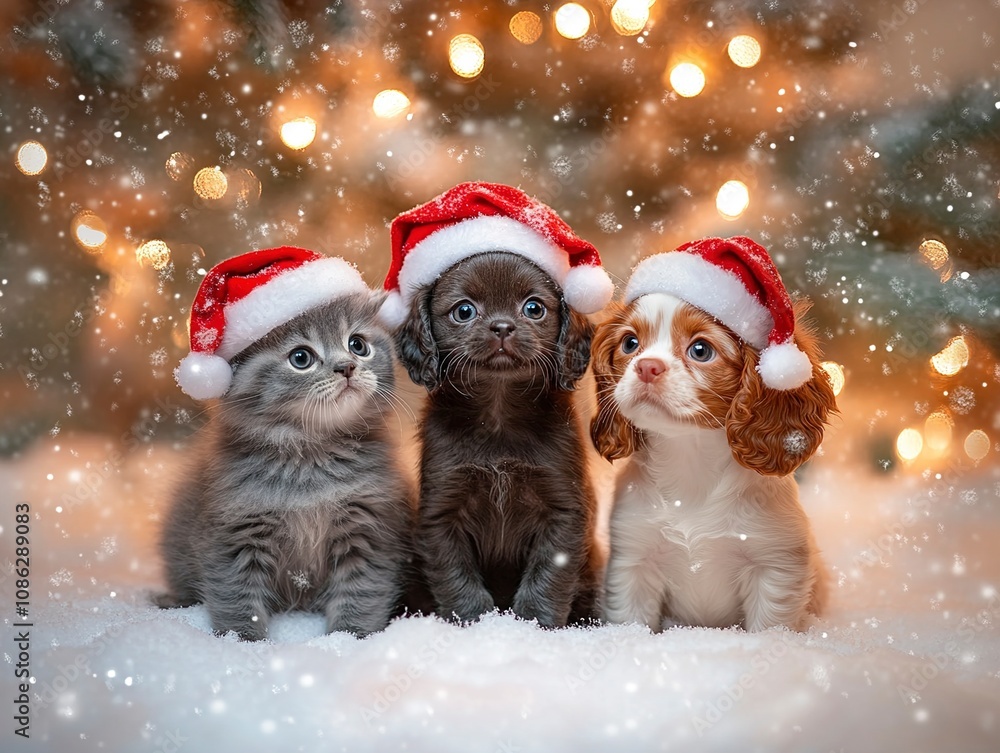 Adorable Kittens and Puppy in Santa Hats Celebrating Christmas Adorable Kittens and Puppy in Santa Hats Celebrating Christmas