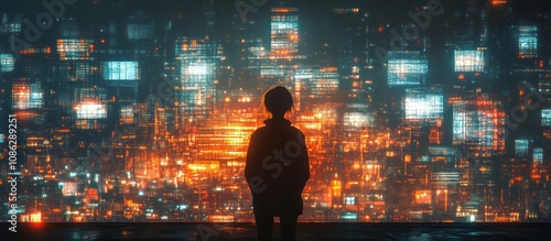 A lone figure stands silhouetted against a futuristic cityscape, a sea of glowing digital screens and data streams behind them.