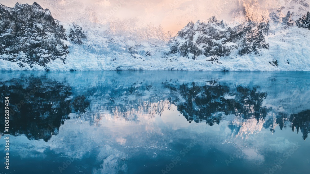 Obraz premium Glassy lake surface with snow-covered shores, capturing the mirror-like reflections of the winter landscape