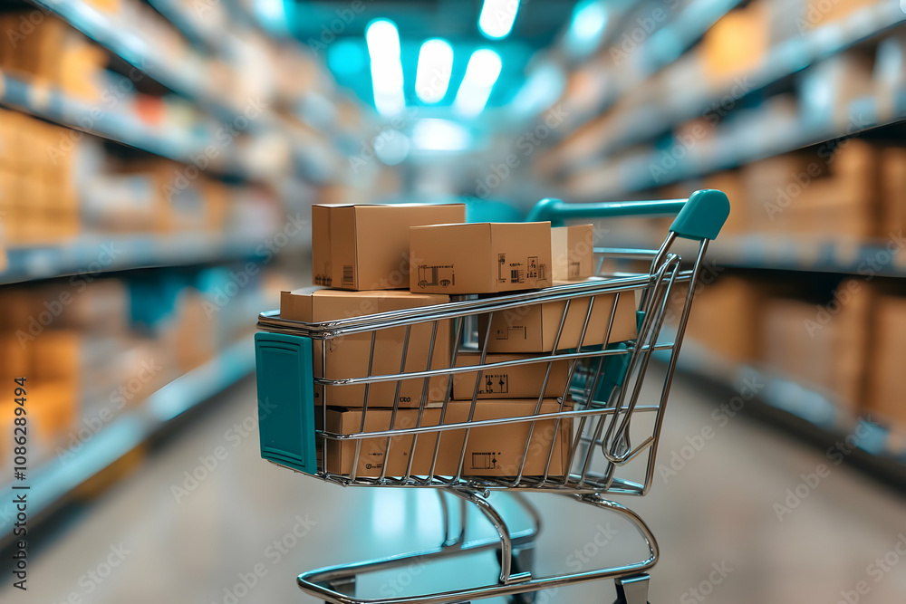 3D Illustration Shopping Cart Filled with Boxes in Supermarket Aisle 3D Illustration Shopping Cart Filled with Boxes in Supermarket Aisle