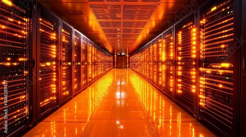 Illuminated server room corridor with glowing racks.