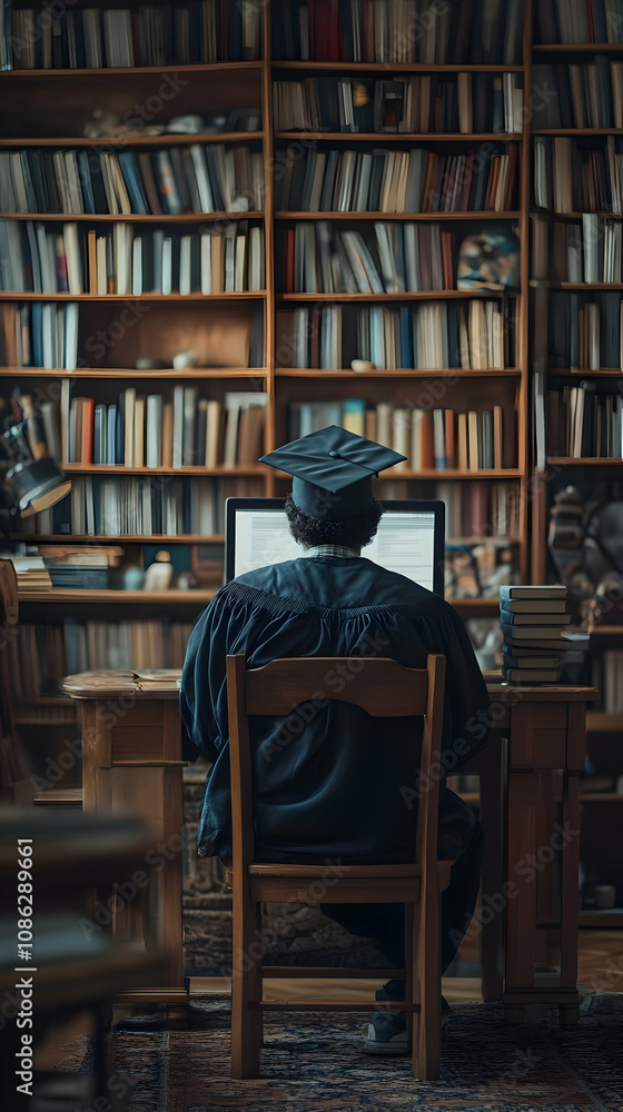 Illustration - Graduate Student Researching in Library Illustration - Graduate Student Researching in Library