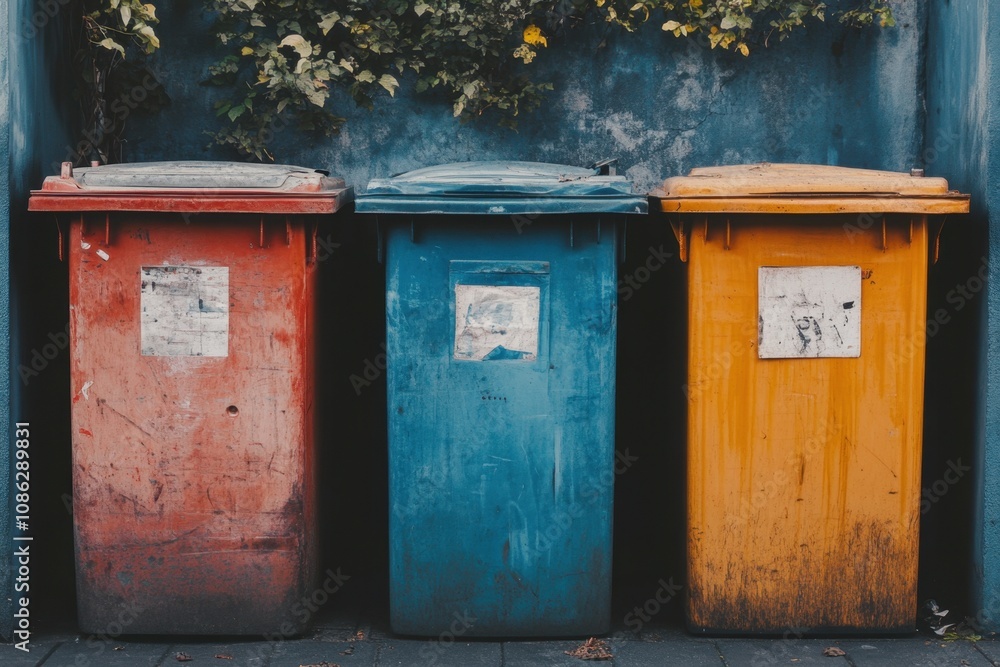 Three colorful recycling bins lined up against a wall. Three colorful recycling bins lined up against a wall.
