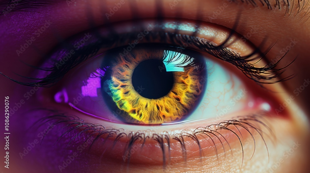 Fototapeta premium Close-up of Womans Eye with Colorful Iris and Long Black Eyelashes