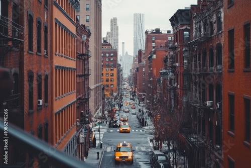 Yellow cabs line a narrow street in a bustling urban cityscape.