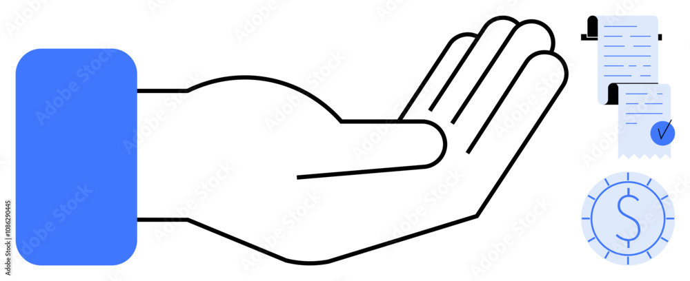 Open hand with blue cuff extended. Document with seal and a dollar symbol in blue circle. Hand symbolizing help support or financial assistance. Ideal for financial services funding loans and grants Open hand with blue cuff extended. Document with seal and a dollar symbol in blue circle. Hand symbolizing help support or financial assistance. Ideal for financial services funding loans and grants