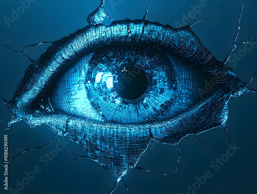 3D Illustration - Eye Emerging from Shattered Surface