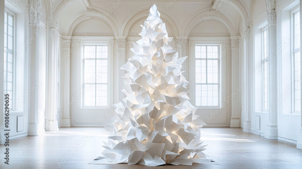 An abstract white origami sculpture ideal for modern art exhibitions, holiday card designs, and minimalist decor, creating a serene atmosphere perfect for events. An abstract white origami sculpture ideal for modern art exhibitions, holiday card designs, and minimalist decor, creating a serene atmosphere perfect for events.