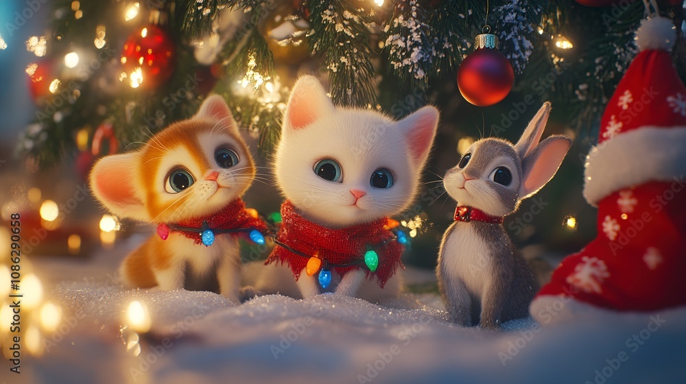 Adorable Kittens and Bunny Celebrating Christmas Under the Tree Adorable Kittens and Bunny Celebrating Christmas Under the Tree