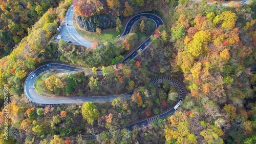 Drone aerial video of Autumn leaves at Irohazaka in Nikko
