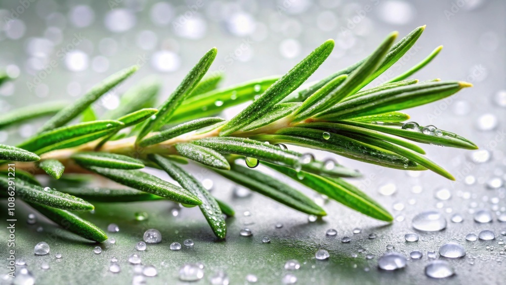 Fresh rosemary sprig with water droplets , herb, aromatic, green, organic, natural, condiment, ingredient, cooking, culinary