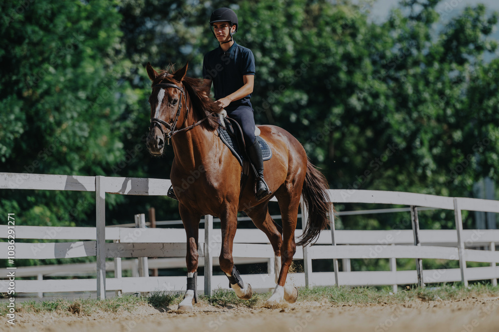 A young equestrian confidently rides a brown horse in a sunny outdoor arena. The scene captures the essence of horsemanship and the beauty of equestrian sports. A young equestrian confidently rides a brown horse in a sunny outdoor arena. The scene captures the essence of horsemanship and the beauty of equestrian sports.