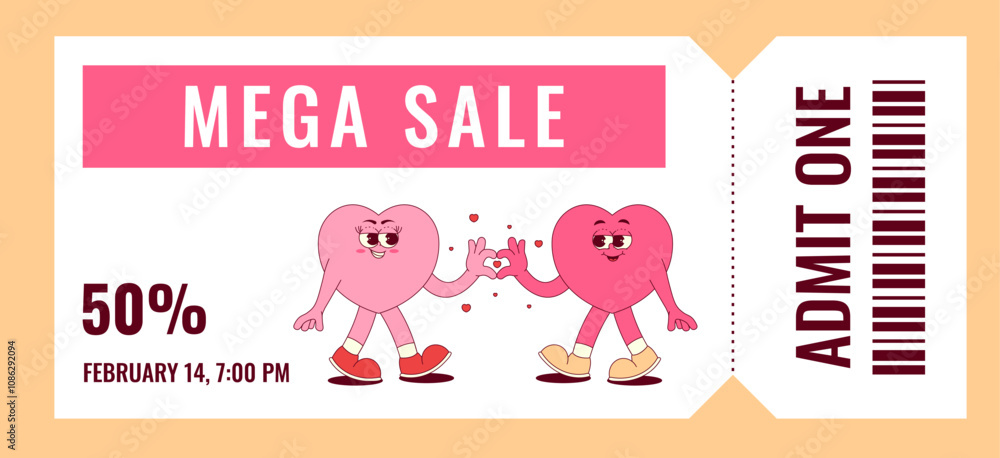 Colorful mega sale coupon. Cute and lovely heart character in retro groovy style. Offer details, barcode, admit one and other. Flat vector illustration, horizontal banner, flyer, poster Colorful mega sale coupon. Cute and lovely heart character in retro groovy style. Offer details, barcode, admit one and other. Flat vector illustration, horizontal banner, flyer, poster