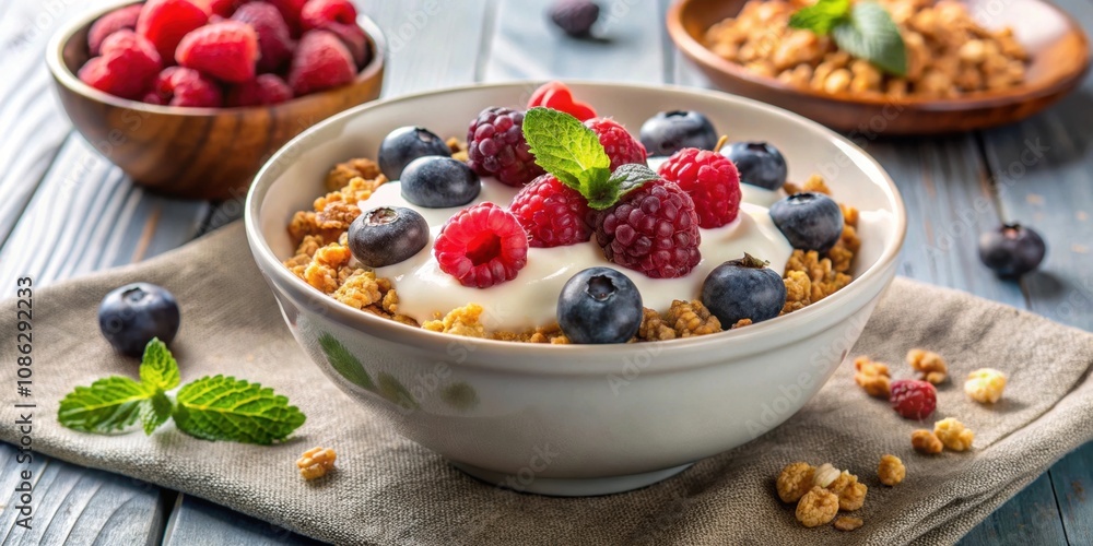 Healthy breakfast meal with a bowl of yogurt topped with granola, dry raspberries, and blueberries , dieting Healthy breakfast meal with a bowl of yogurt topped with granola, dry raspberries, and blueberries , dieting