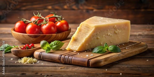 Medium hard cheese head parmesan on wooden board, with cheese parmesan with tomatoes on the table, parmesan, cheese, wooden board photo