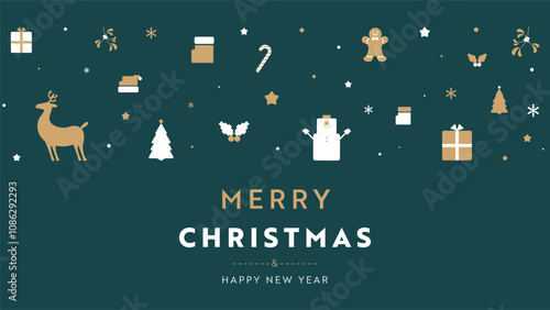 クリスマスをモチーフにしたシンプルなアイコンで飾られたクリスマスの背景テンプレート（緑）　Christmas background template decorated with simple icons with Christmas motifs (green)