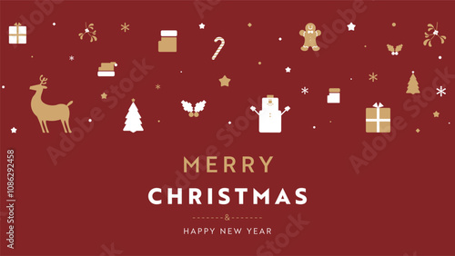 クリスマスをモチーフにしたシンプルなアイコンで飾られたクリスマスの背景テンプレート（赤）　Christmas background template decorated with simple icons with Christmas motifs (red)