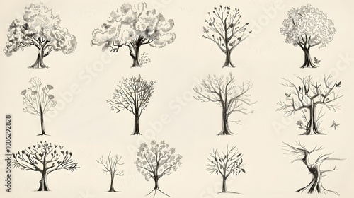 Big set of hand drawn tree sketches 