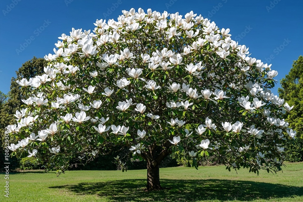 Magnificent White Magnolia Tree in Full Bloom Against a Clear Blue Sky Magnificent White Magnolia Tree in Full Bloom Against a Clear Blue Sky