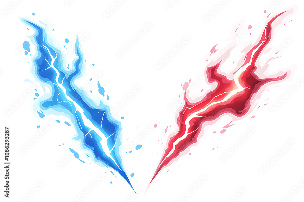 Two stylized lightning bolts, one blue and one red, representing energy and power. Two stylized lightning bolts, one blue and one red, representing energy and power.