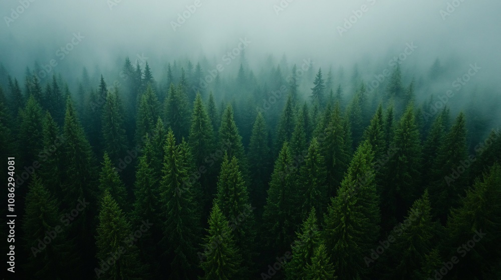 Misty evergreen forest aerial view. Misty evergreen forest aerial view.
