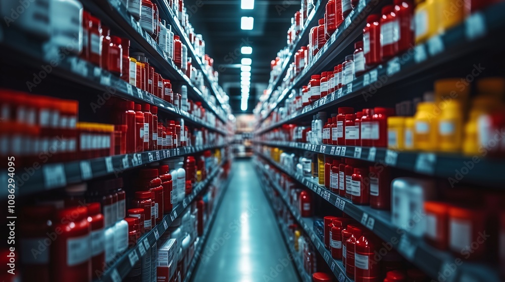 Rows of colorful medicine bottles in a well-organized pharmacy aisle during daylight hours Rows of colorful medicine bottles in a well-organized pharmacy aisle during daylight hours