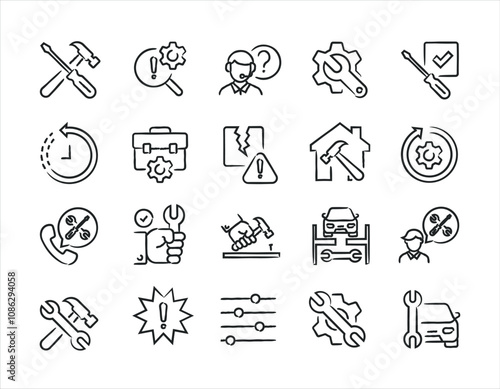 Repair and setting hand drawn doodle sketch style line icons