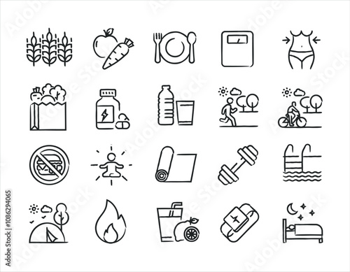 Healthy lifestyle hand drawn doodle sketch style line icons