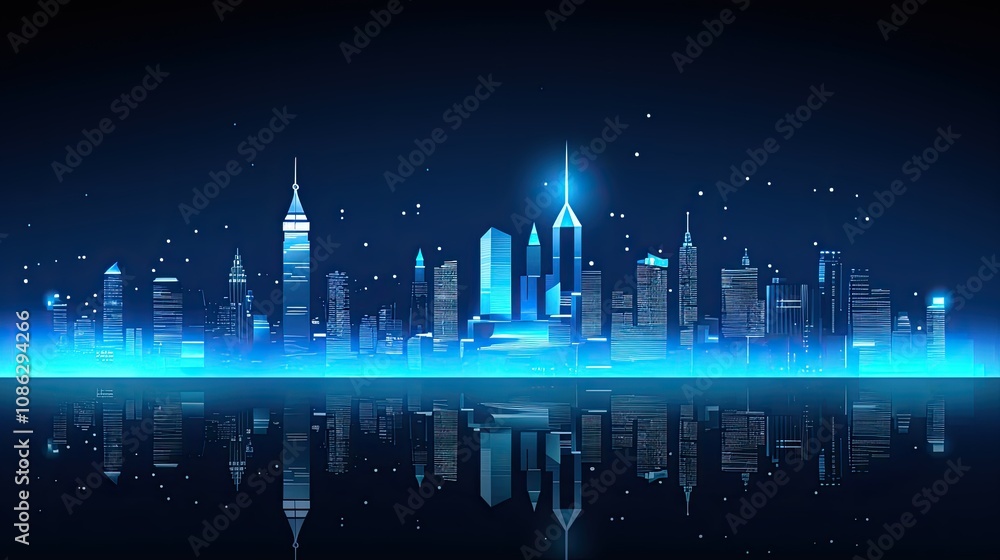 City skyline at night with illuminated buildings and glowing street lights City skyline at night with illuminated buildings and glowing street lights