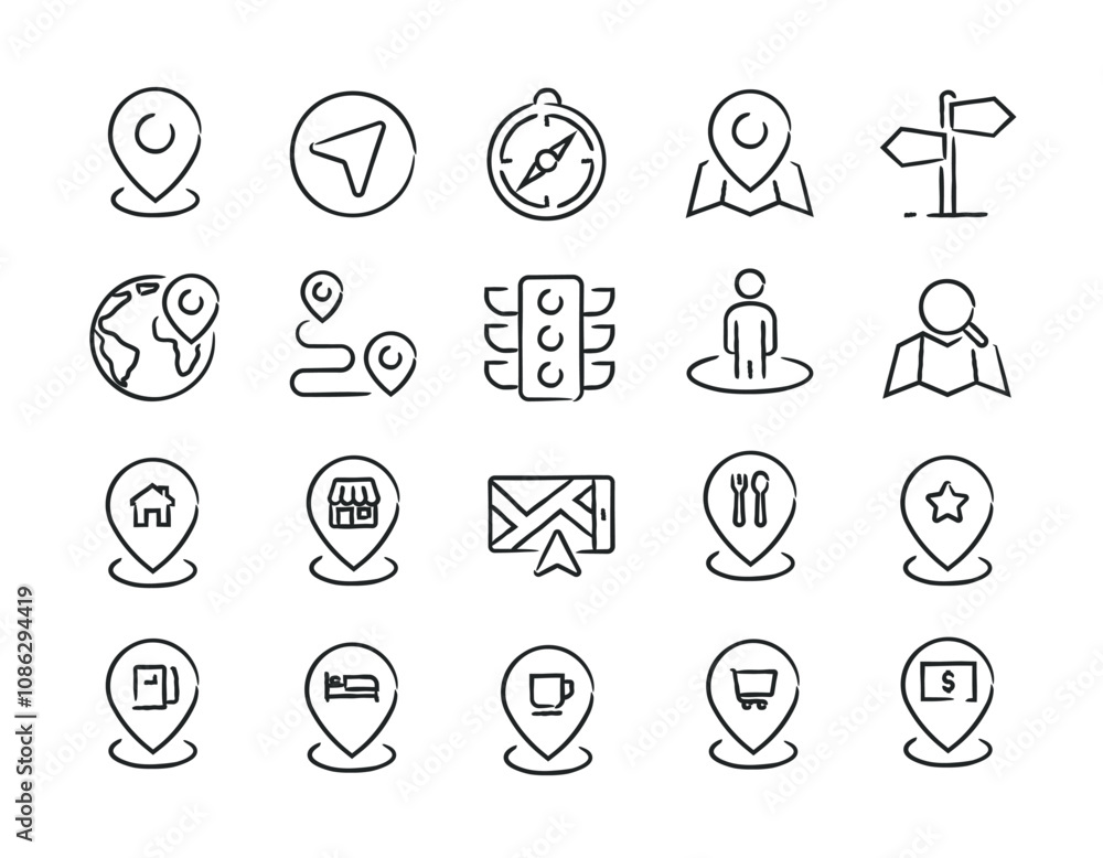 Navigation hand drawn doodle sketch style line icons Navigation hand drawn doodle sketch style line icons