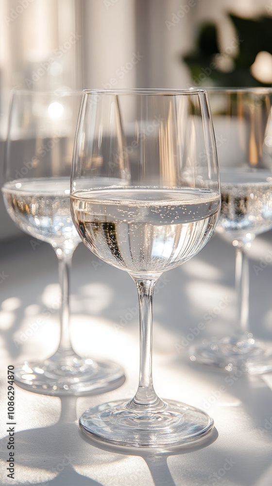 Three Crystal Wine Glasses Filled With Refreshing White Wine, Bathed in Natural Sunlight Three Crystal Wine Glasses Filled With Refreshing White Wine, Bathed in Natural Sunlight