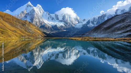 Wallpaper Mural Serene lake surrounded by snow-capped mountains, perfectly reflecting the snowy peaks and sky Torontodigital.ca