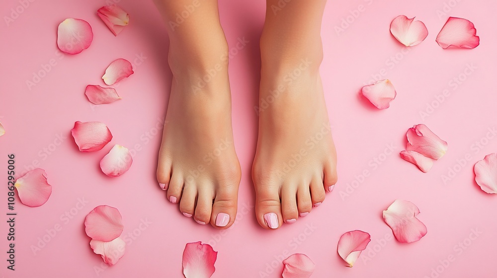 Woman's well-manicured feet surrounded by rose petals on a pink background. Woman's well-manicured feet surrounded by rose petals on a pink background.