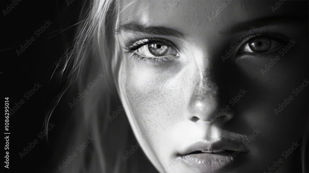 Close up black and white portrait of a young woman with freckles and intense eyes. Close up black and white portrait of a young woman with freckles and intense eyes.