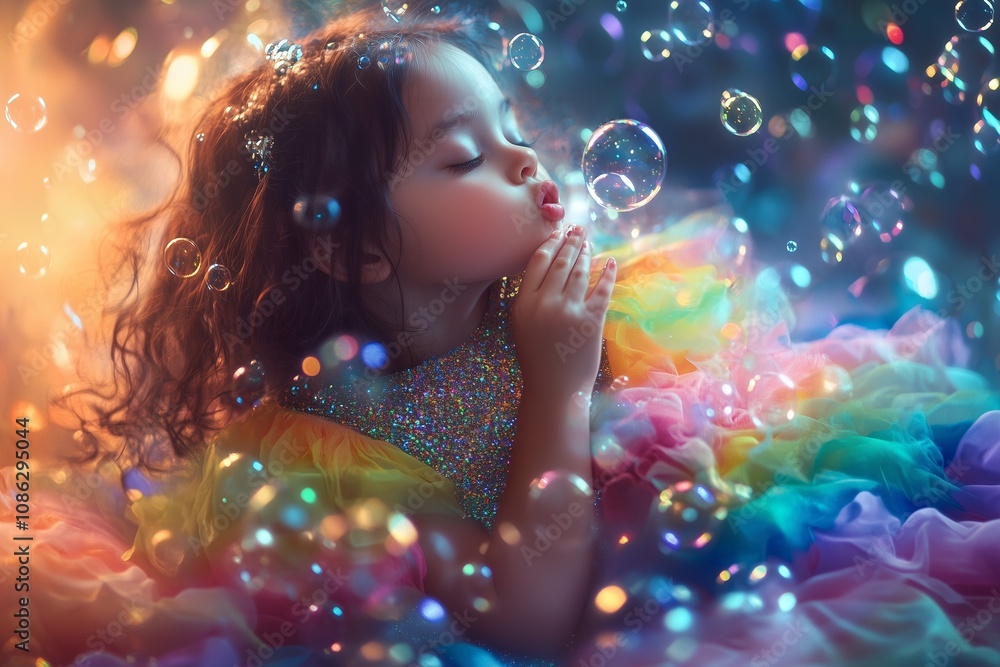 A little girl wearing a rainbow dress blowing soap bubbles, her face lighting up with delight A little girl wearing a rainbow dress blowing soap bubbles, her face lighting up with delight