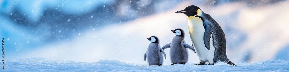 Fototapeta premium Emperor Penguin Family with Two Chicks in Snowy Antarctica Wildlife, Parenting, Cold Climate
