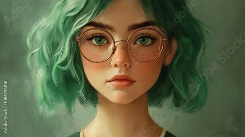 Portrait of a young woman with green hair and glasses. photo