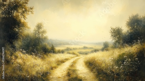 Serene Golden Meadow Landscape During Tranquil Sunrise with Winding Pathway and Soft Natural Light Embracing Lush Greenery and Vibrant Wildflowers in the Background