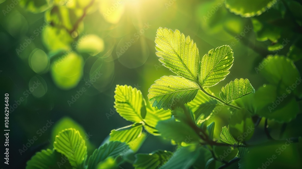 Fresh green leaves bathed in sunlight, a symbol of rejuvenation and growth Fresh green leaves bathed in sunlight, a symbol of rejuvenation and growth