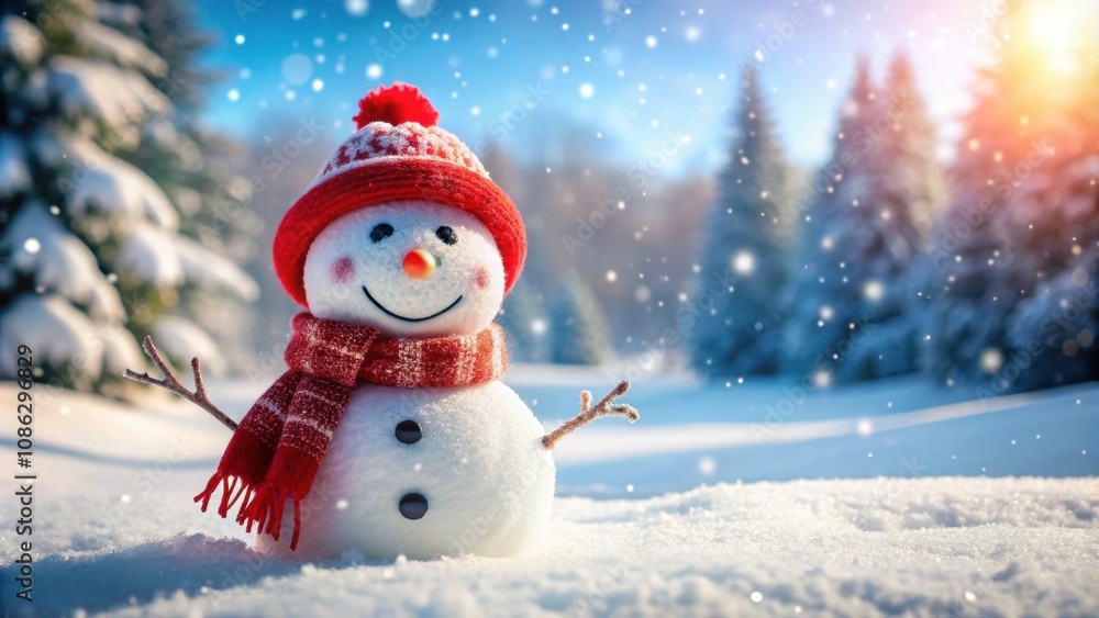 Fototapeta premium Cheerful snowman wearing a red hat in snowy winter scenery, Christmas, snowman, winter, celebration, holiday, snowy
