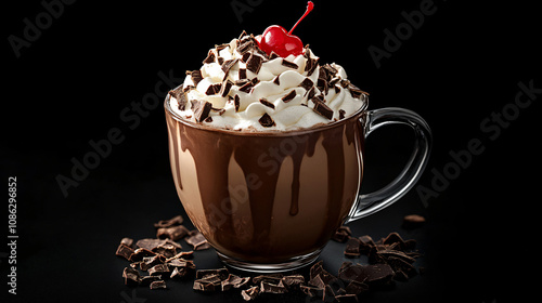 A decadent hot chocolate with a mix of milk and dark chocolate, topped with whipped cream, chocolate shavings, and a cherry.