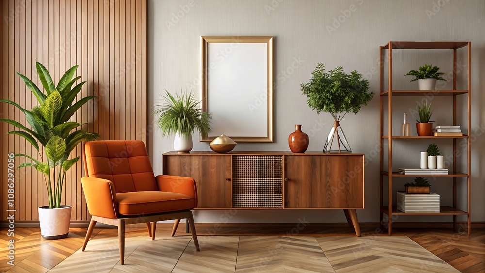 Mid-century Modern Living Room with Orange Armchair and Wooden Cabinet. Mid-century Modern Living Room with Orange Armchair and Wooden Cabinet.