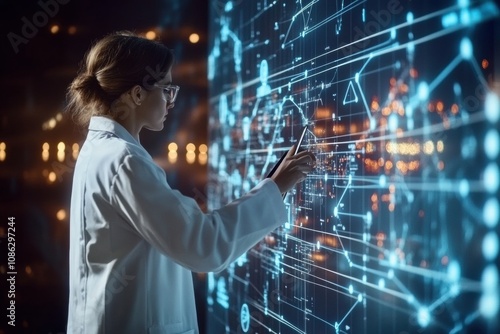 A doctor in a white coat examines a digital touchscreen filled with complex data and visuals, highlighting advanced technology in healthcare. Generative AI