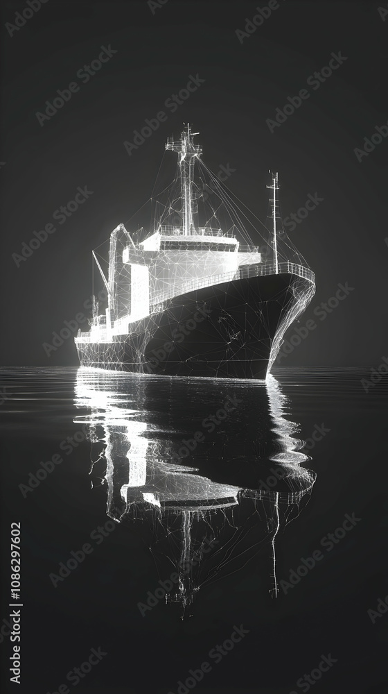 Fototapeta premium 3D Illustration Cargo Ship, Plexus Effect, Dark Background